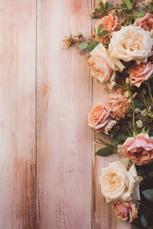Vintage dark grunge wood texture with empty space decorating by old rose and mixed flowers sweet romantic concept : Generative AIの素材