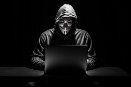 portrait of unrecognizable young hacker in black mask using laptop Concept of cyber security and data protection : Generative AIの素材
