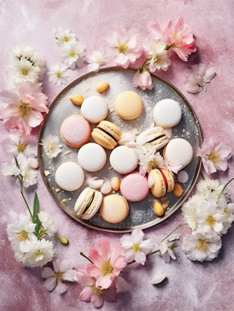 round beautiful sweets macaroni in a festive box with flowers on a flowers background Still life with macaroni cakes and different flower : Generative AIの素材