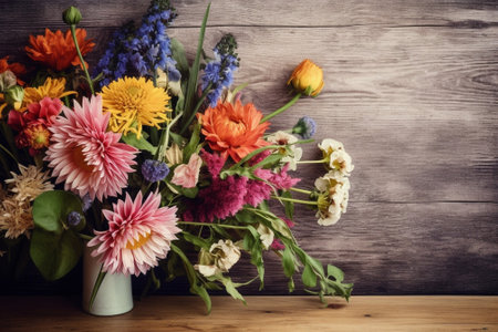 mix flowers bouquet on wooden background old rustic table and garden secateurs top view : Generative AIの素材