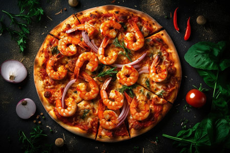 pizza for a directory or menu with shrimps on wooden board : Generative AIの素材