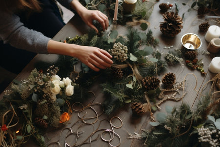 A woman decorates a Christmas arrangement with candles Hands closeup Master class on making decorative ornaments Christmas decor with their own hands The new year celebra : Generative AIの素材