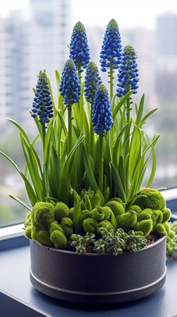 Bouquet of blue muscari flowers in glass vase on wooden table Spring bulbous flowers Flower shop concept : Generative AIの素材