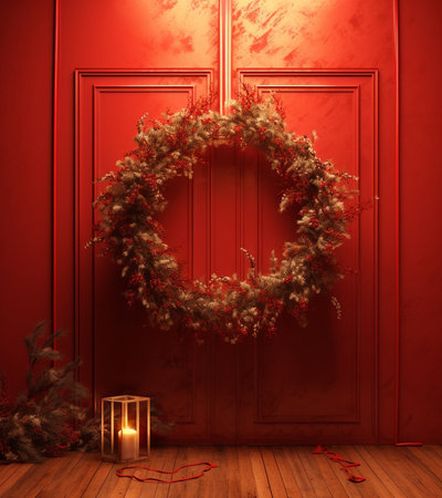 Beautiful red Christmas wreath of fresh spruce on the white door Entrance to the house Christmas mood Xmas tree : Generative AIの素材