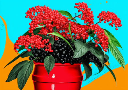 Branches of flowers viburnum berries in green bucket : Generative AIの素材