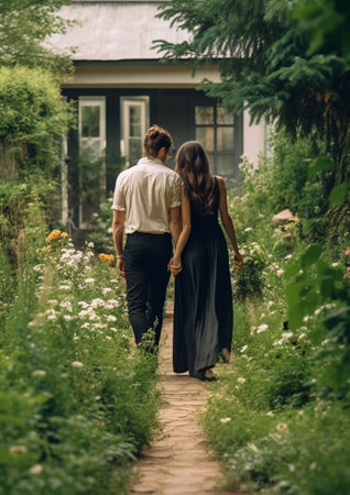 Bride and Groom are walking away in garden : Generative AIの素材