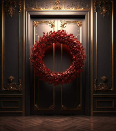 Beautiful red Christmas wreath of fresh spruce on the white door Entrance to the house Christmas mood Xmas tree : Generative AIの素材
