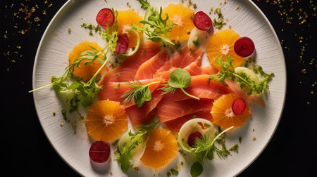 Carpaccio salmon filet salad Summer launch healthy eating concept white plate with sauce salad served in asian style : Generative AIの素材