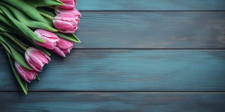 Bouquet of pink peony tulips on a wooden background Spring flowers Mothers Day background : Generative AIの素材