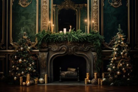 Calm image of interior Classic New Year Tree decorated in a room with fireplace : Generative AIの素材