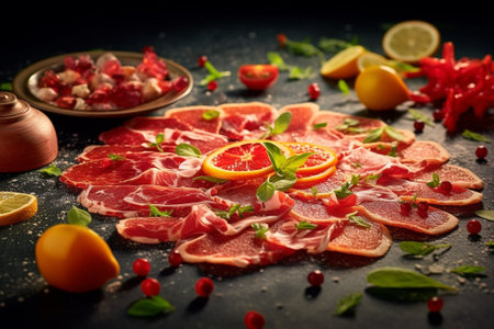 Closeup Beef carpaccio with pesto sauce and tomatoes on black table Restaurant menu natural and organic food concept : Generative AIの素材