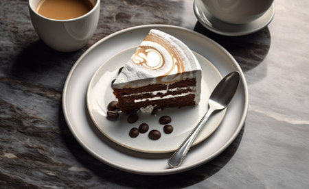 Breakfast in the cafe morning coffee Cappuccino and lots of desserts on the table Eclair mousse cake chocolate truffle and cheesecake : Generative AIの素材