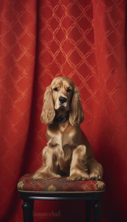 Dog spaniel in a red bow tie in the interior of the light room Pet is three years old sitting on a chair Red checkered necktie best and faithful friend : Generative AIの素材