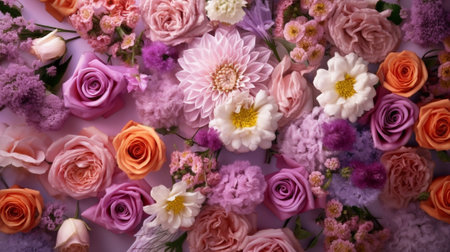 Floral carpet flower texture shop concept Beautiful fresh blossoming flowers roses spray roses lilac gillyflower and carnation Blossom of pastel color in vases and pails  : Generative AIの素材