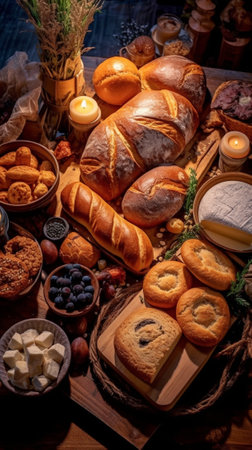 Fresh bread pastries Table full of mediterranean appetizers tapas or antipasto Assorted Italian food set Delicious snack on party or picnic time Italian style banquet : Generative AIの素材
