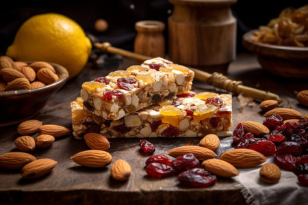Handmade chocolates bar Christmas theme White chocolate bar with pistachio nuts and dried fruit cherries Copy space : Generative AIの素材