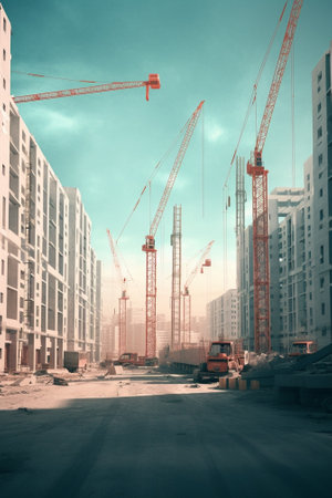 Crane during formworks Housing renovation concept View of a large construction site with buildings under construction and multistorey residential homesTower cranes in act : Generative AIの素材