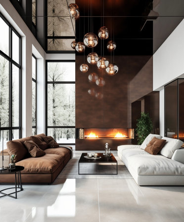 Interior loft with fireplace in modern design : Generative AIの素材
