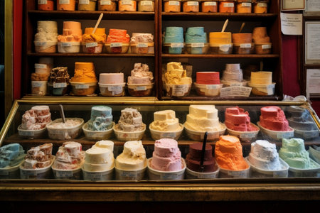 Fruit with mango Gelato Flavors various ice cream in Rome Italy Italian gelateria Assortment of colorful gelato on cafe showcase Natural fresh ice cream : Generative AIの素材