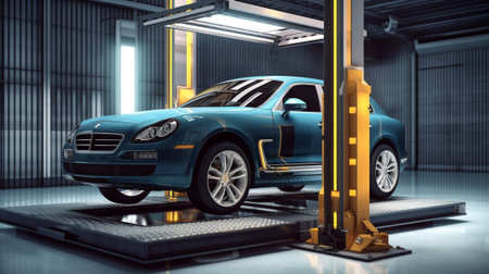 Grid sensor sets mechanic on auto Car stand with sensors wheels for alignment camber check in workshop of Service station : Generative AIの素材