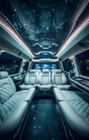 Interior inside the limousine with sofas and a table covered with snacks for the holiday Selective focus : Generative AIの素材