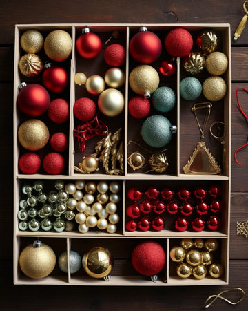 Many decorations a lot of colorful different Christmas toys ready to decorate the house sorted by type in baskets : Generative AIの素材