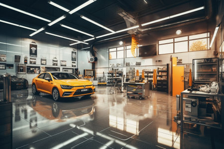 Russia Nizhny Novgorod February 10 2016 Car service station Interior of a vehicle repair station hydraulic power lift : Generative AIの素材