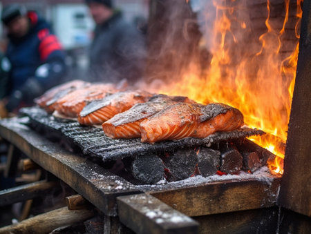Riga Latvia December 09 2019 Preparation of meat and national dishes over an open fire as well as hot wine mulled wine Christmas market on Dome Square in the Old Town : Generative AIの素材