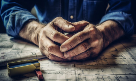 The construction worker hold in hands Architectural blueprints Repair or construction of a new apartment Concept for new house design or home improvement Development of t : Generative AIの素材