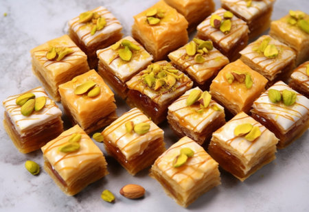 Variety of sweets Pastry Traditional Eastern dessert Eastern sweets in a wide range baklava almond cashew and pistachio nuts : Generative AIの素材
