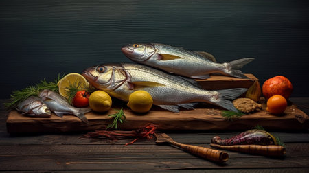 grilled mackerel and sea bass Salad of fresh vegetables Serving on a wooden Board on a rustic table Barbecue restaurant menu a series of photos of different meats anf fis : Generative AIの素材