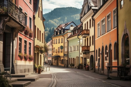 Young tourist girl walks by street A small town in the mountains of Slovenia Europe Shabby old houses facades and roofs : Generative AIの素材