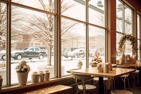 chairs and tables with pillows and a blanket on restaurant terrace Winter landscape of frosty trees white snow and blue sky Tranquil winter nature in sunlight in park : Generative AIの素材