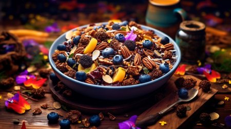 Rocks with chocolate and nuts Christmas theme Healthy sweet dessert snack Granola bar with nuts fruit chocolate and berries Garland lamps bokeh on background Copy space : Generative AIの素材