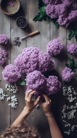 Woman hands make bouquet of mimosa bandages twine and Gardening scissors on rustic wooden table : Generative AIの素材