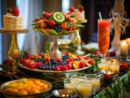 Table with cold snacks and tableware Fresh Fruit platter on banquet table at business or wedding event venue Raspberry strawberry cherry Fig apricote Self service : Generative AIの素材