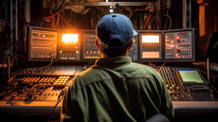 Soundman working on the mixing console in concert hall : Generative AIの素材