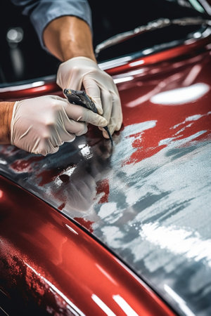 spray gun on wood table in auto service used for industrial painting and coating : Generative AIの素材