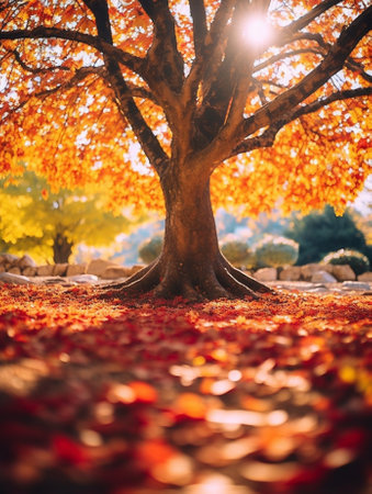 Tree with red and yellow leaves on a autumn day : Generative AIの素材