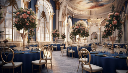 Wedding Banquet The chairs and round table for guests served with cutlery and crockery and covered with a blue tablecloth : Generative AIの素材