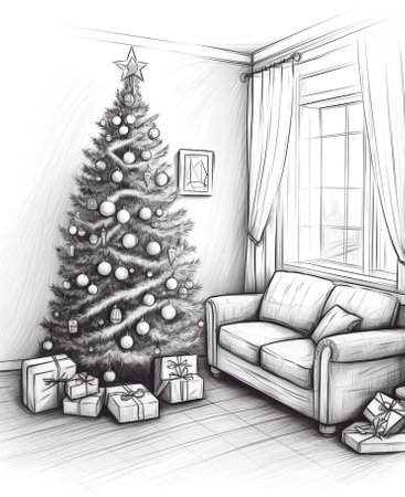 Xmas in morning living room Sofa bed In christmas Interior celebrate the new year and holidays Christmas tree and gingerbread house : Generative AIの素材