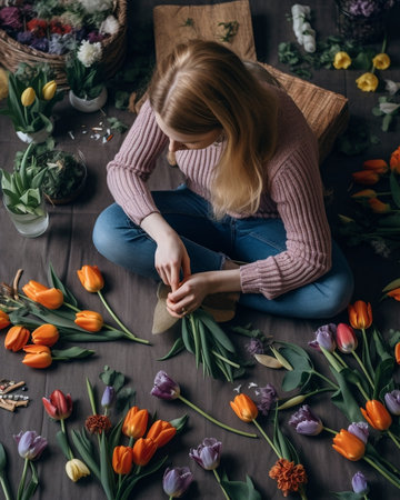 Spring bouquet on table Master class on making bouquets Learning flower arranging making beautiful bouquets with your own hands : Generative AIの素材