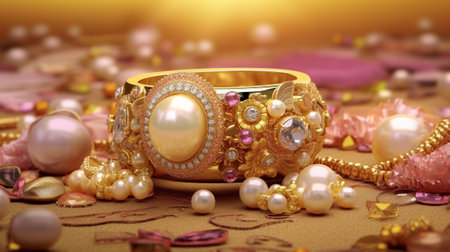 Yellow and white gold wedding ring with diamond pink balls and bubbles background Original tray for the ceremony of marriage : Generative AIの素材
