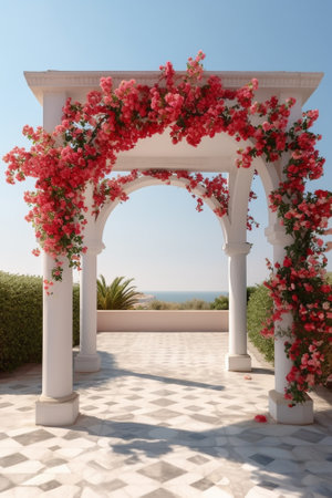 basket closeup with petals wedding in cyprus bride and groom on a stone bridge in Agia Napa arch and table for registration of marriage The view of the sea On the rock co : Generative AIの素材