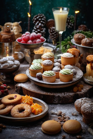 solemn happy new year banquet Lot of glasses champagne or wine on the table in restaurant buffet table with lots of delicious snacks canapes bruschetta and little dessert : Generative AIの素材