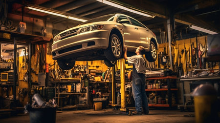 automobile mechanic a crane removed the engine from the car repairing auto in automobile store : Generative AIの素材