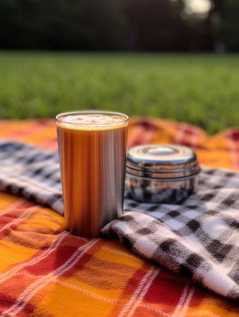 A cup of hot drink in the hands of a young woman A girl in the park holds a cup of coffee in her hands Breakfast on the go The concept of a picnic and going out : Generative AIの素材