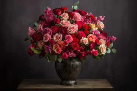 Beautiful luxury bouquet of mixed red and pink flowers in glass vases the work of the florist at a flower shop Wallpaper : Generative AIの素材
