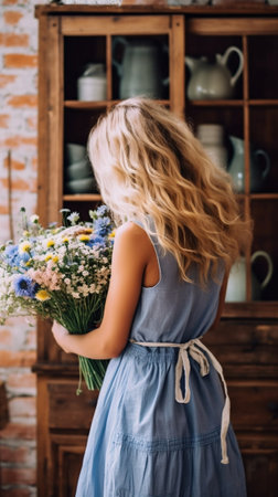 Beautiful spring flower bouquet Delicate female hands holding a holds blue muscari flowers Pink chest of drawers in the background Flower shop a family business : Generative AIの素材