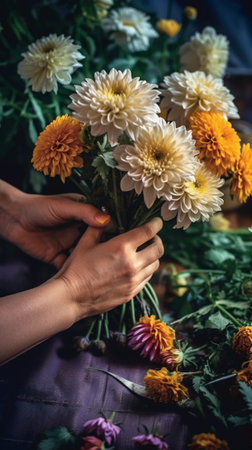 Autumn bouquet of mixed flowers in womans hands The work of the florist at a flower shop Fresh cut flower : Generative AIの素材